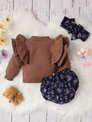 2pcs Baby Girl and Floral Shorts Set Autumn Winter Knit Sweater Top