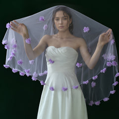 Purple Bridal Veil with 3D Floral Embellishments Short Soft Nylon Fabric