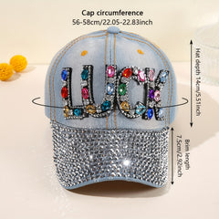 Distressed Denim Dad Hat with Rhinestone LUCK Patch