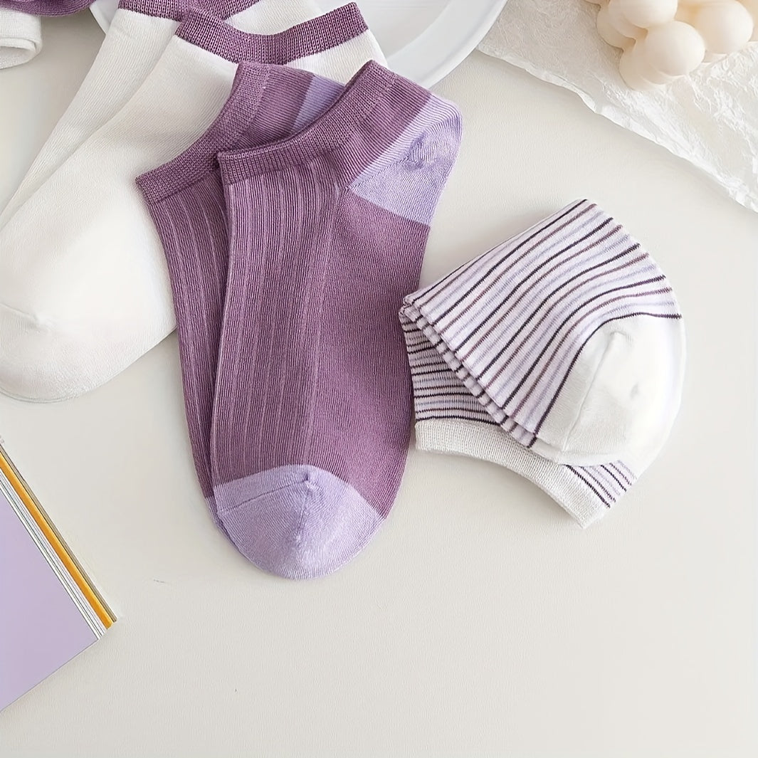 5 Pairs Colorblock Ankle Socks Soft Lightweight Low Cut Women's Stockings