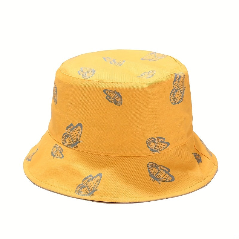 Butterfly Print Bucket Hat Women Reversible Sun Cap Sunscreen