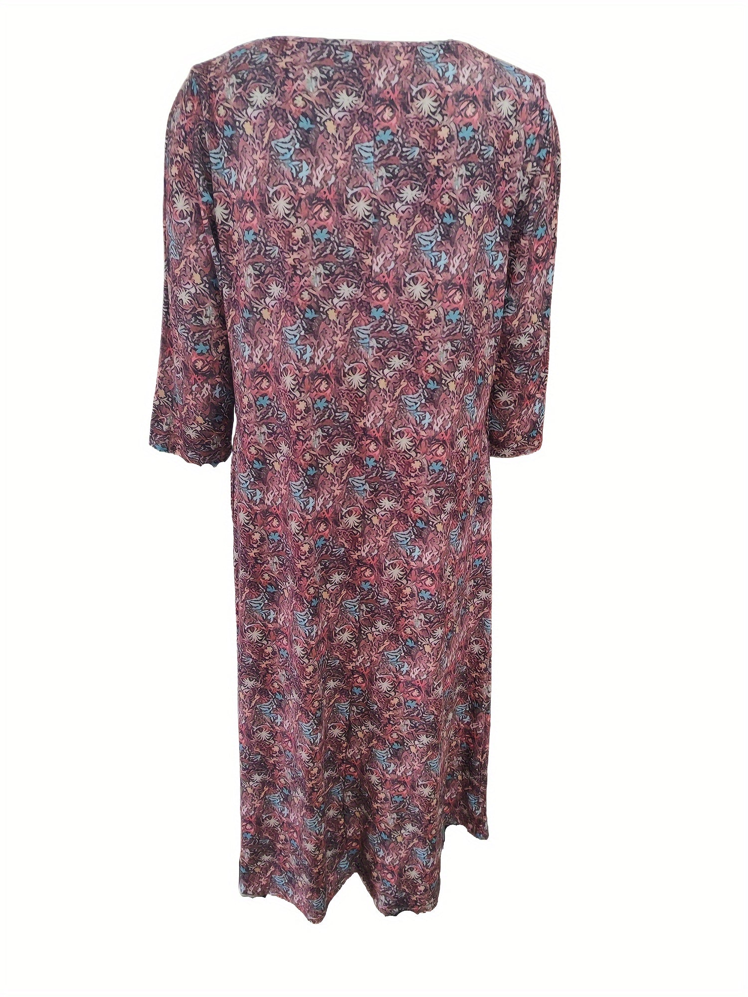  Allover Print Long Sleeve V Neck Maxi Dress With Pockets