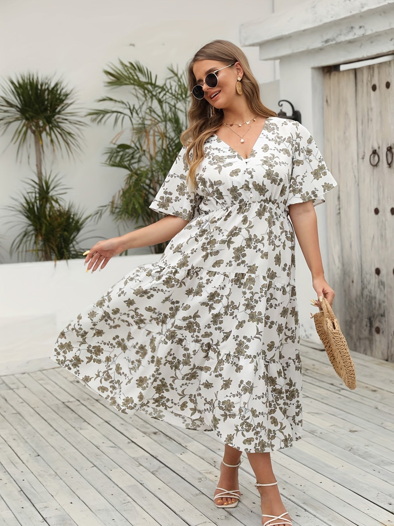  Floral Print V Neck Maxi Smock Dress