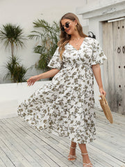  Floral Print V Neck Maxi Smock Dress