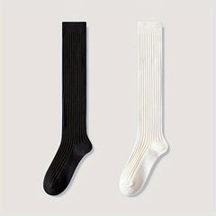 3 Pairs Solid Ribbed Calf Socks Knee High Stockings Women's Hosiery