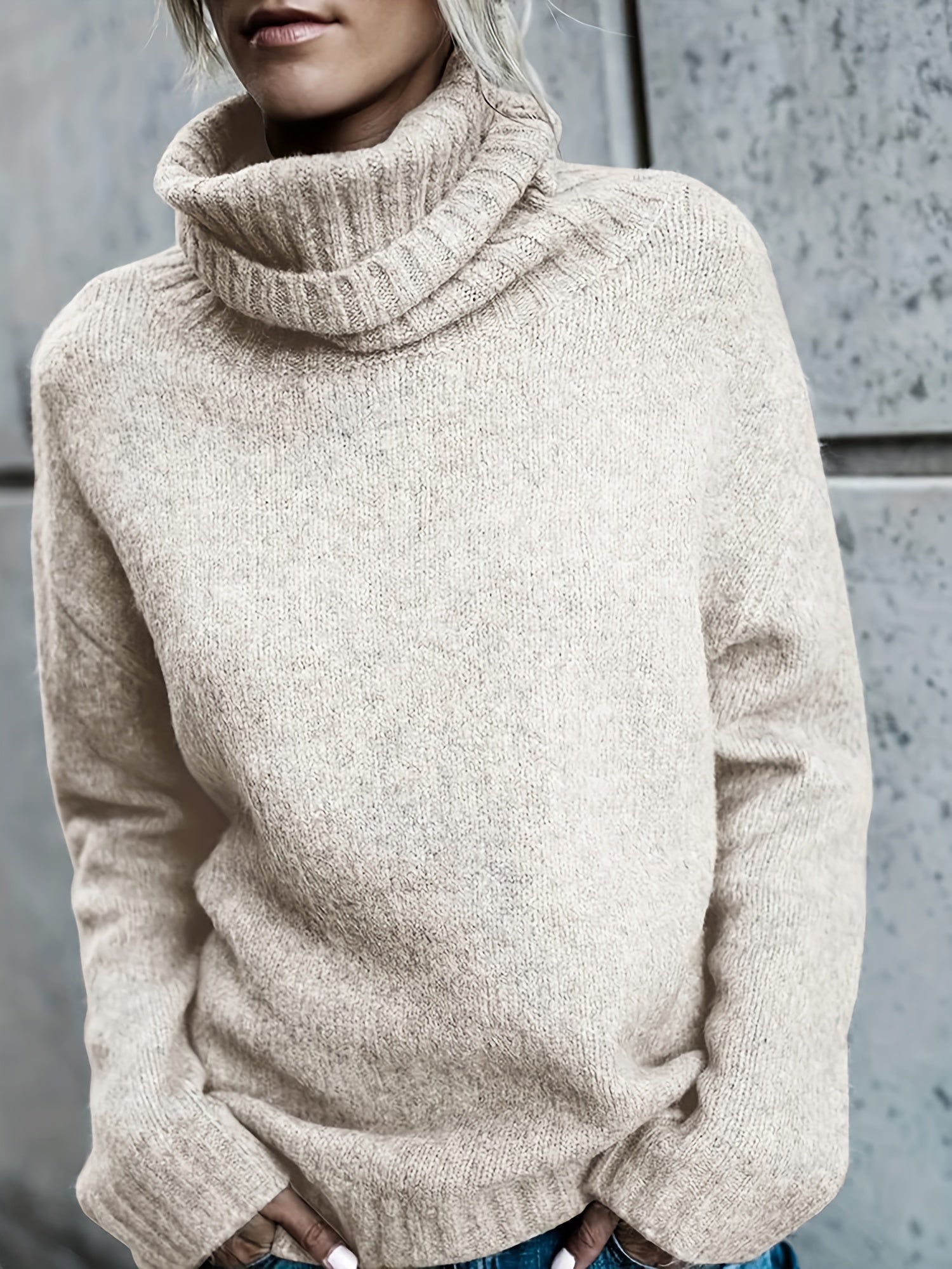  Solid Turtleneck Sweater Split Warm Knitted Jumper