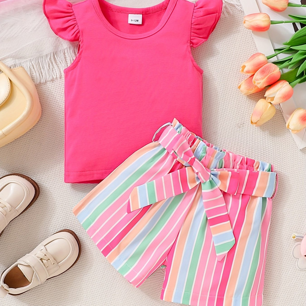 Toddler Girls Dopamine Flutter Sleeve T Shirt & Striped Belted Shorts