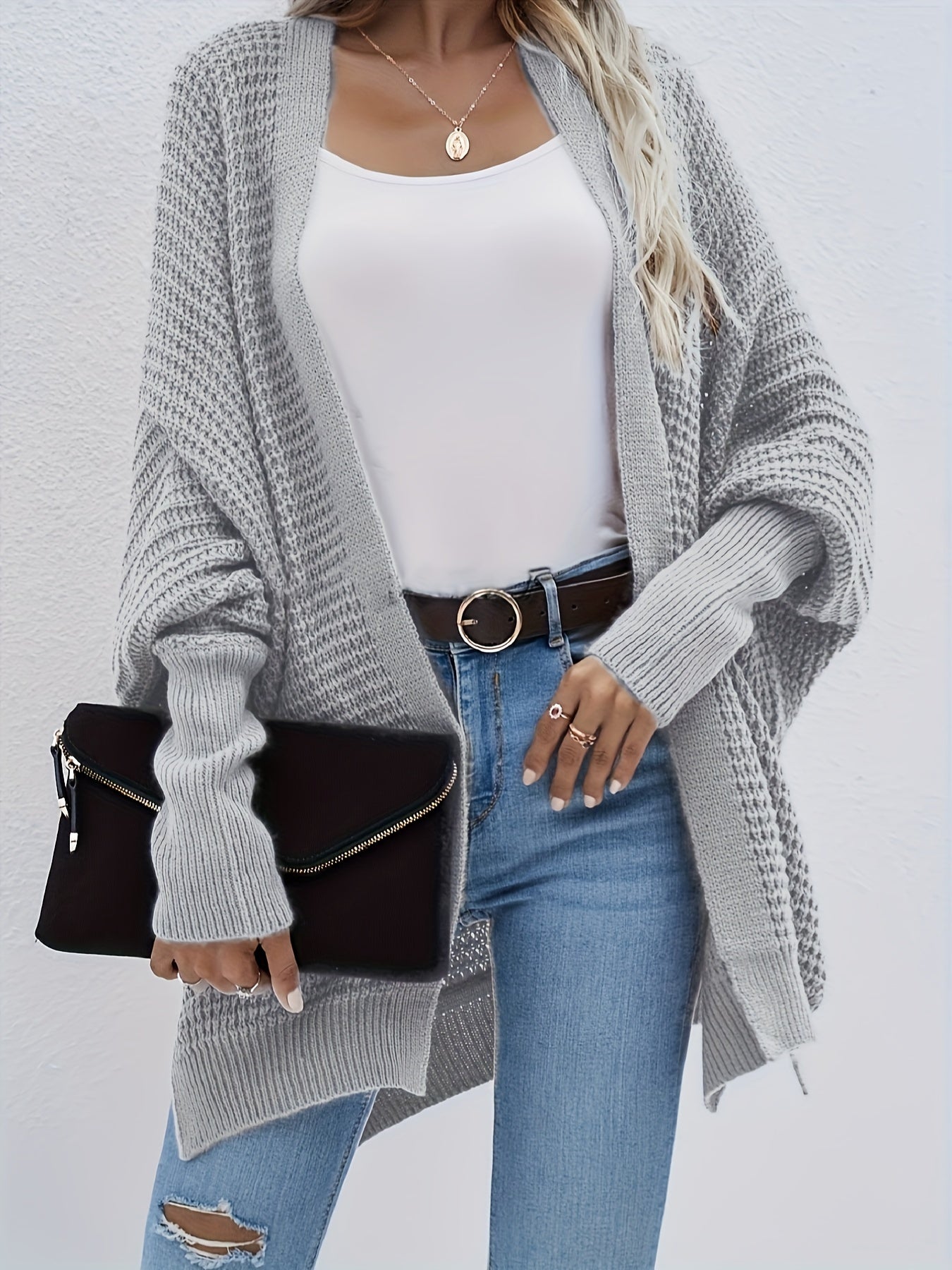  Solid Bat Sleeve Open Front Cardigan