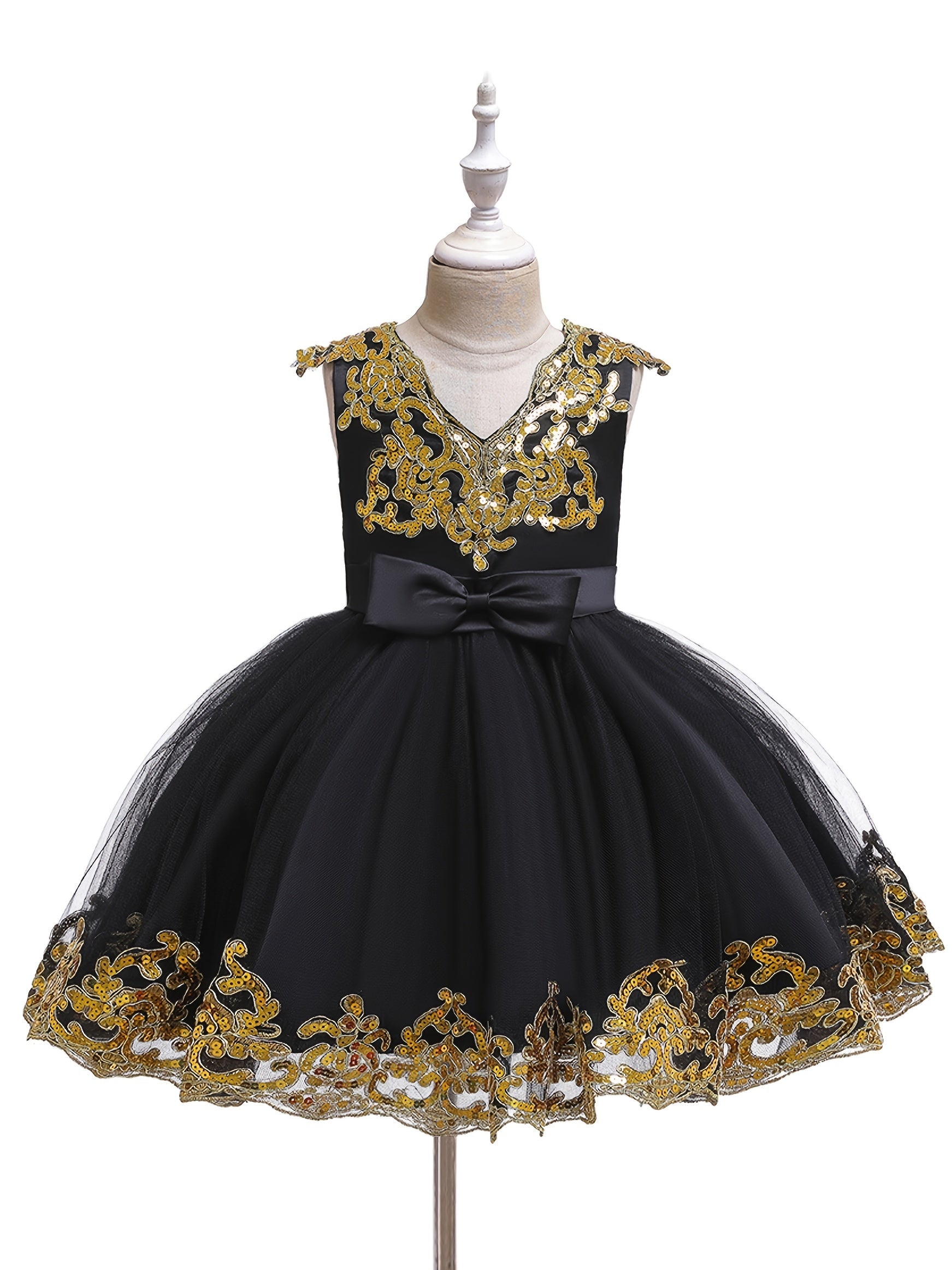 Girls Sequin Embroidery Mesh Princess Dress for Piano Performance Wedding