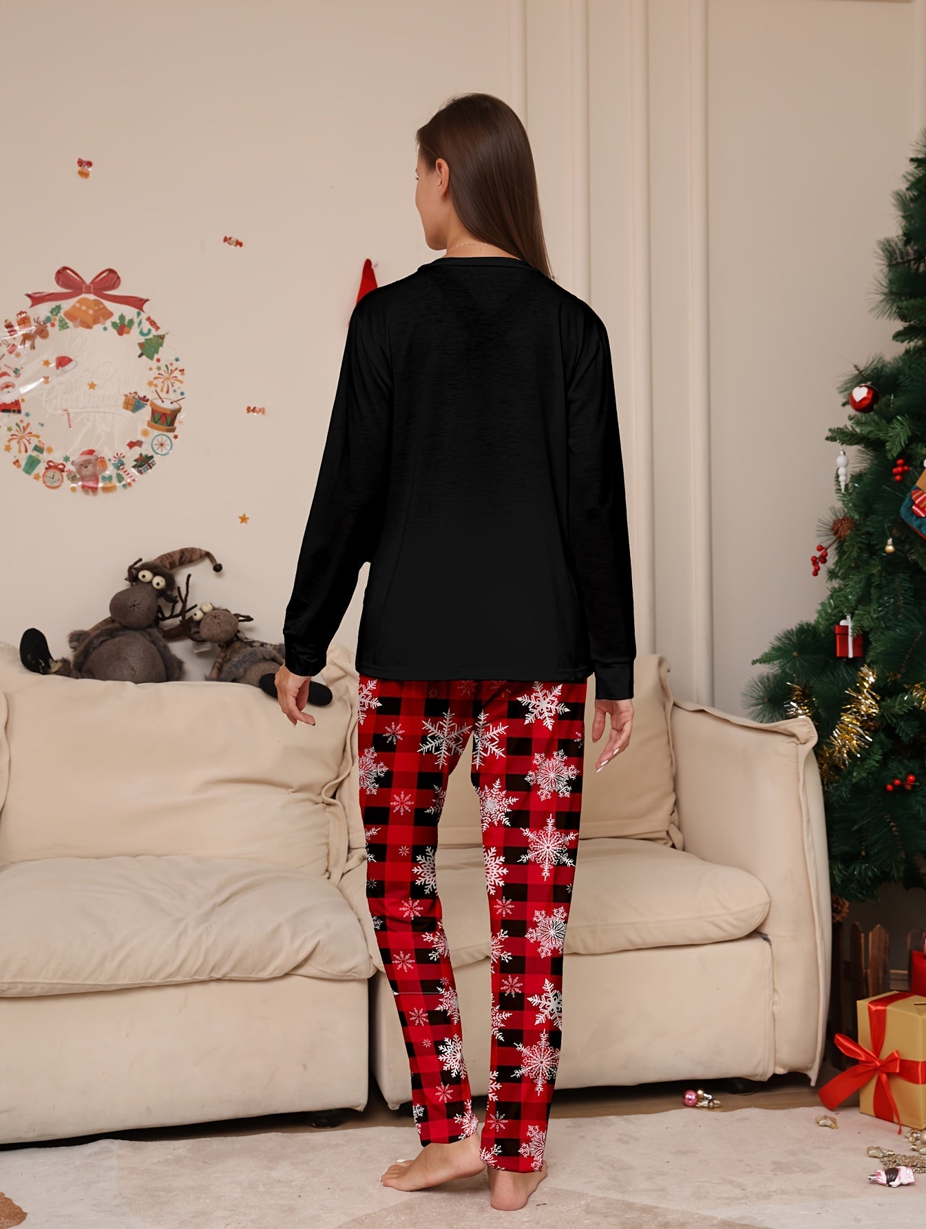 Christmas Elk Print Pajama Set Long Sleeve Top & Pants Women's Sleepwear