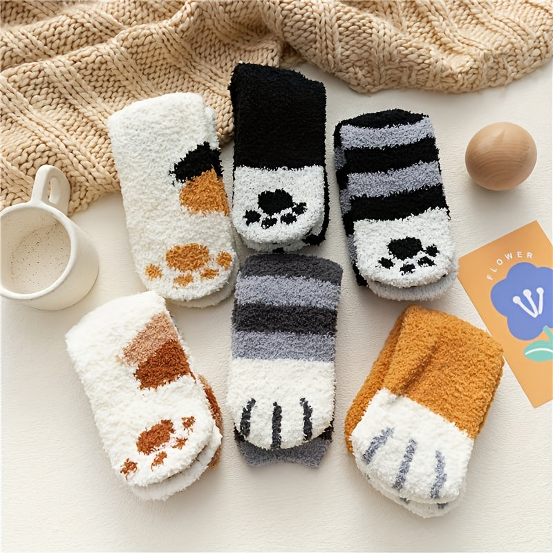 6 Pairs Cat Claw Print Socks Comfy & Fuzzy Warm Hosiery