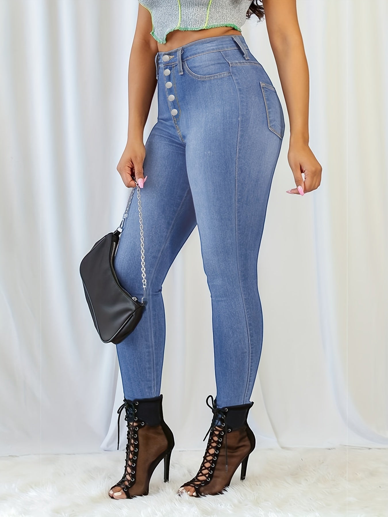 High Waist Casual Skinny Jeans High Rise Slim Fit Denim Pants Women's