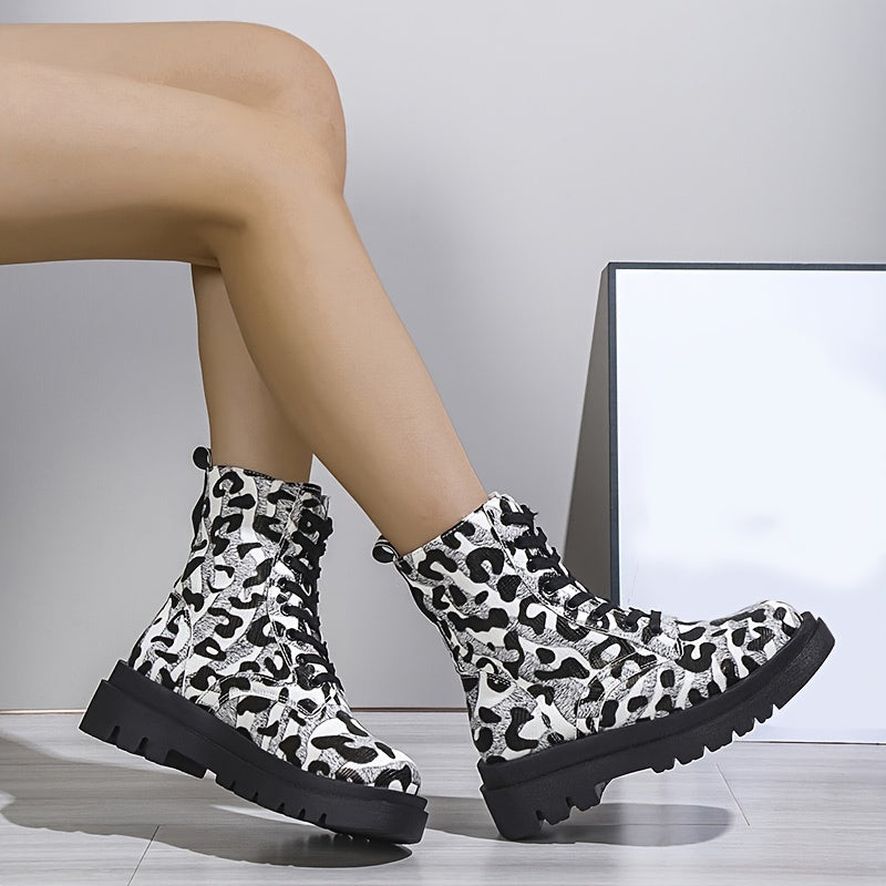 Leopard Print Combat Boots Lace Up Platform Ankle Boots
