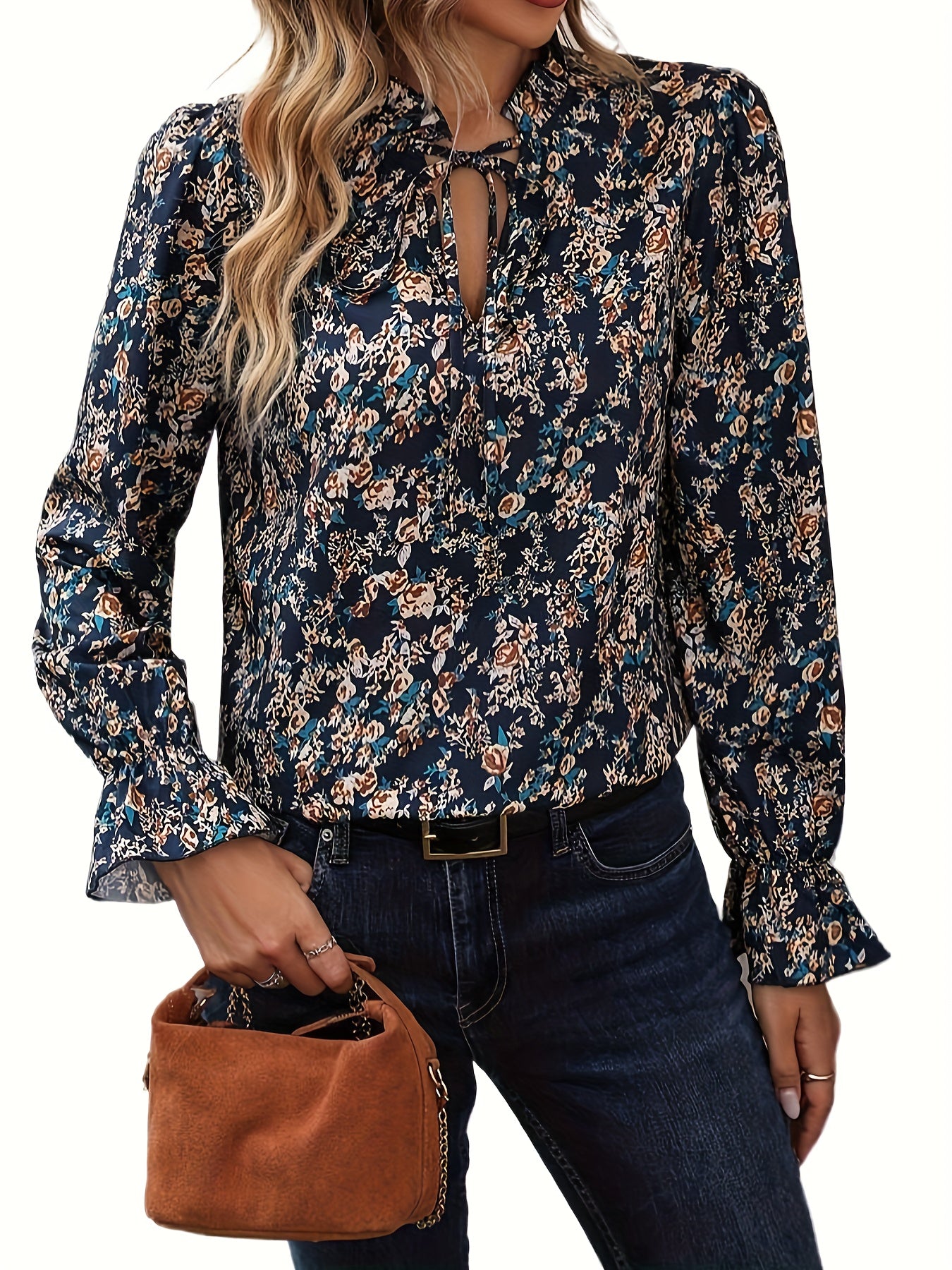  Ditsy Floral Print Ruffle Trim Blouse
