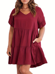 V Neck Ruffle Trim Mini Smock Dress With Pockets