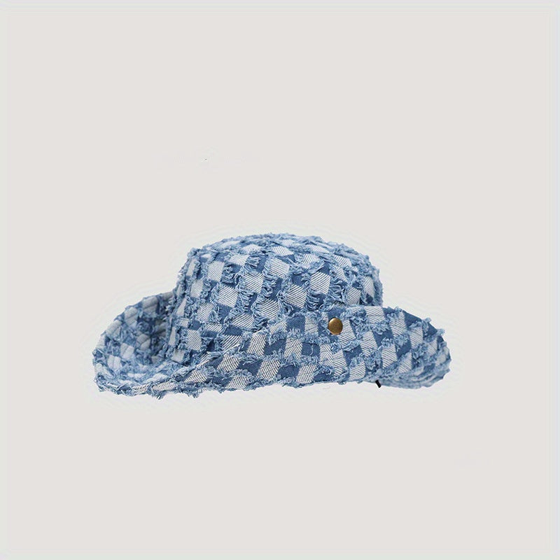 Checkerboard Denim Fisherman Hat Spring Summer Sunshade All-match Basin Hat Men