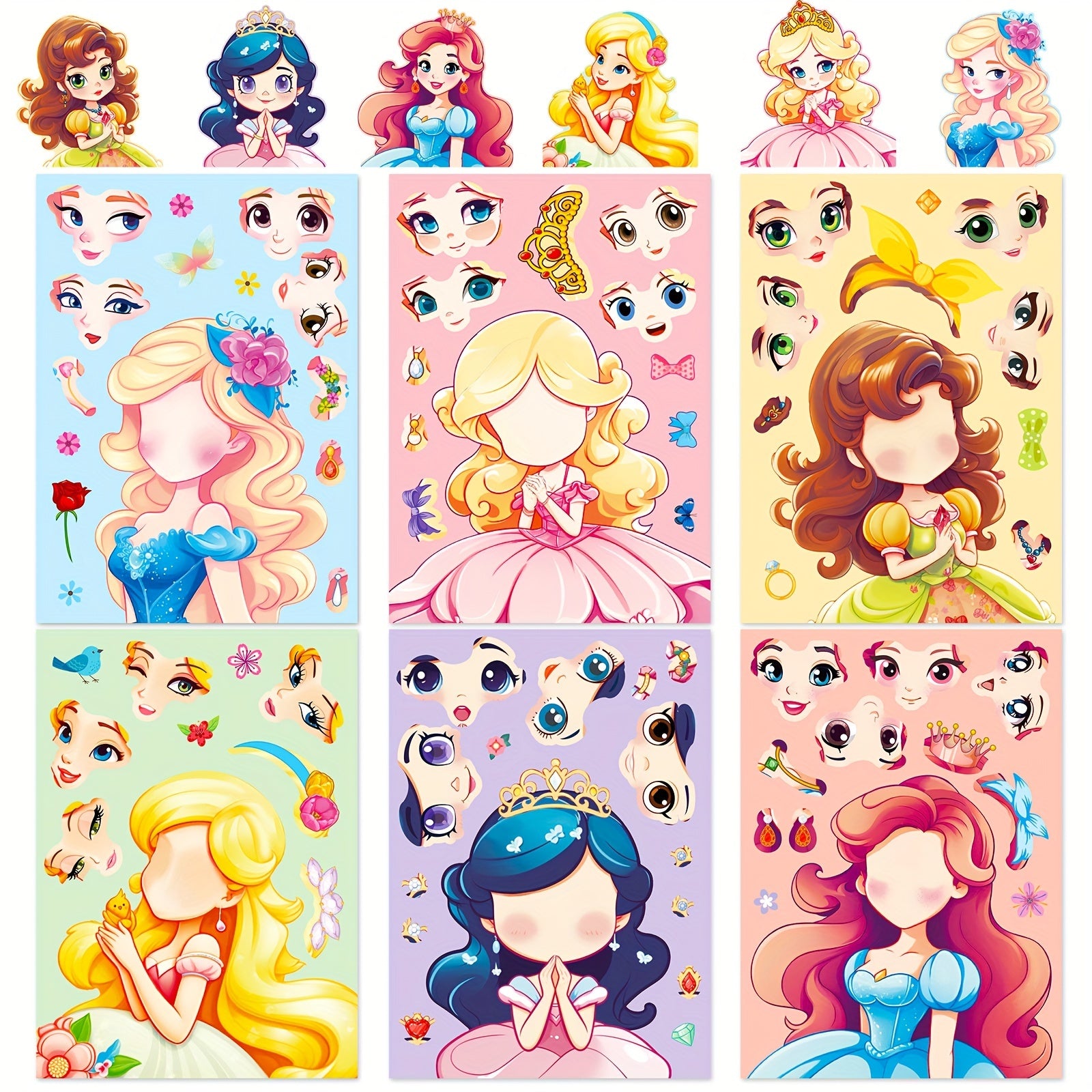 6pcs Princess Face Changing Stickers Cartoon Puzzle Stickers