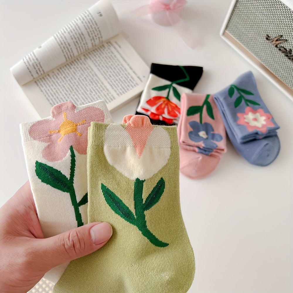 5 Pairs Floral Print Socks Comfy Mid Tube Women's Stockings