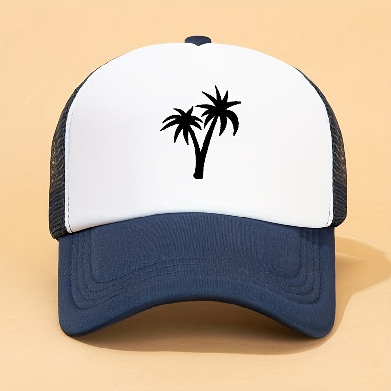 Coconut Tree Print Trucker Hat Mesh Block Baseball Cap Lightweight