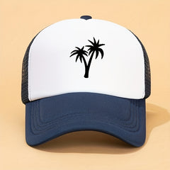 Coconut Tree Print Trucker Hat Mesh Block Baseball Cap Lightweight
