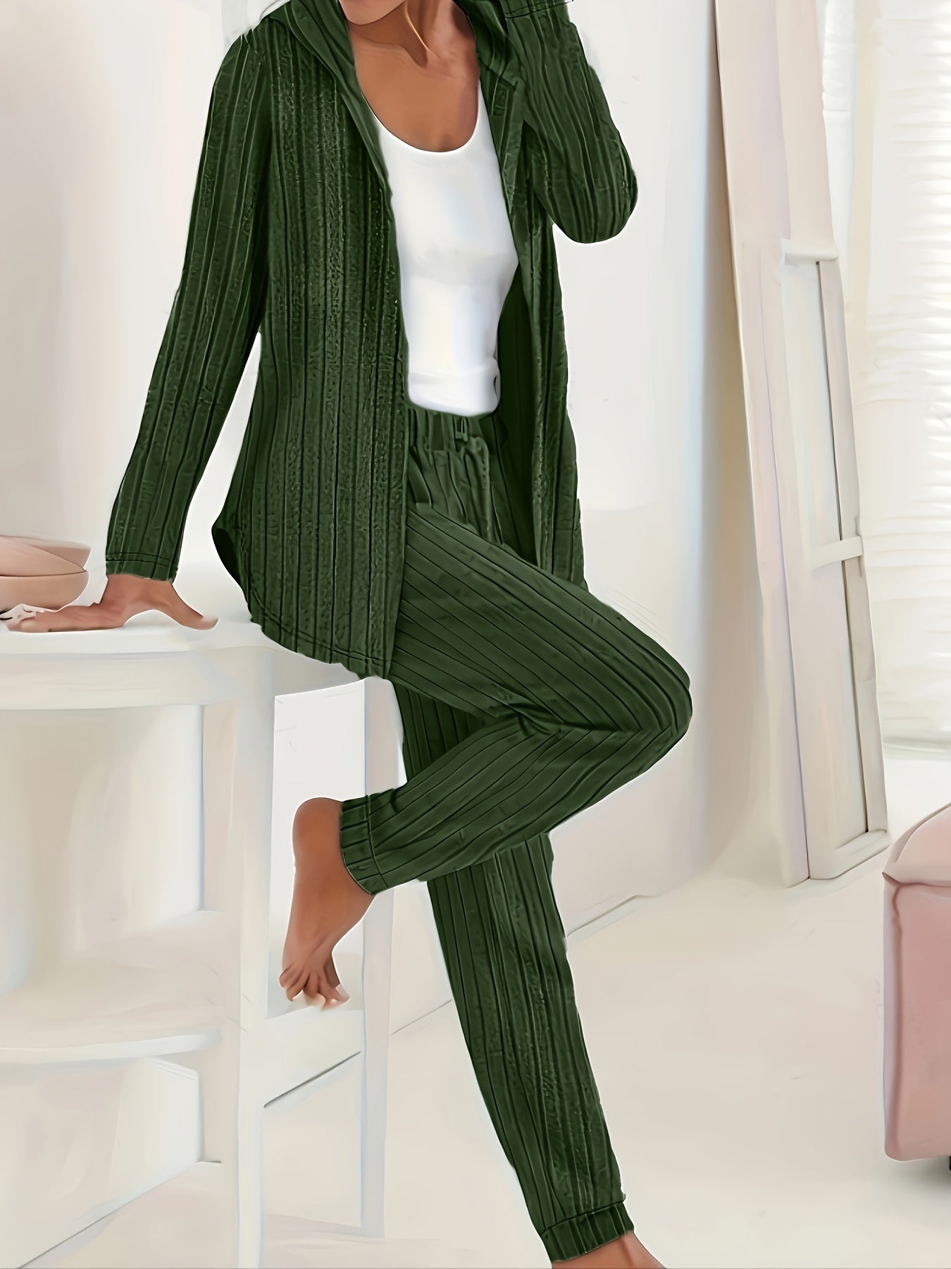  Solid Ribbed Knit Hoodie & Joggers Two Piece Set