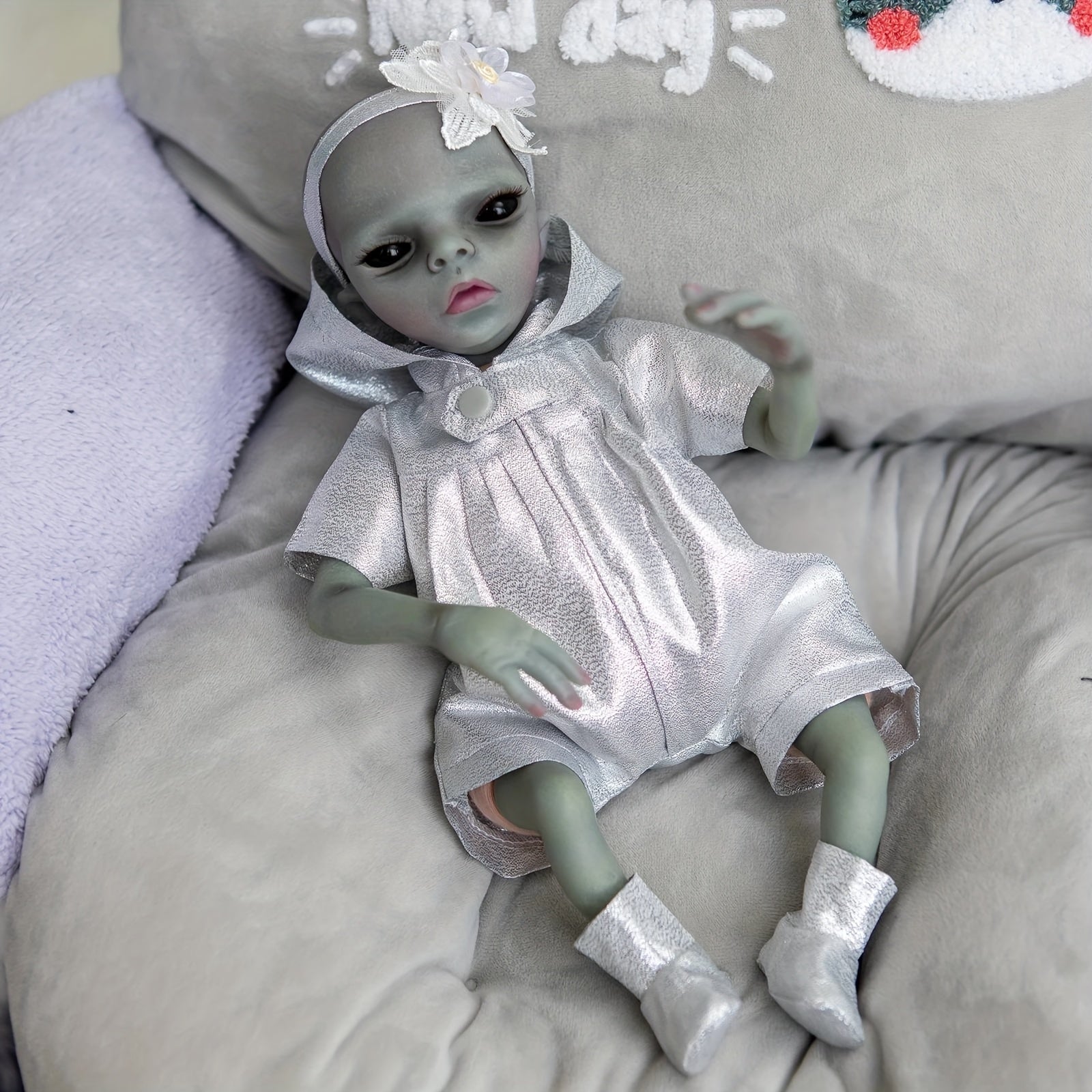 14" Realistic Vinyl Alien Doll Handcrafted Silver Dress with Floral Headband