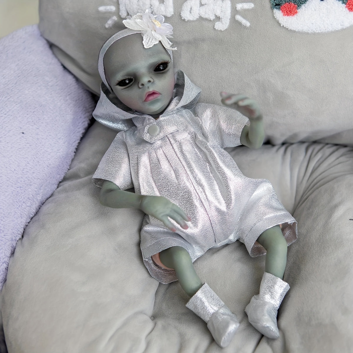 14" Realistic Vinyl Alien Doll Handcrafted Silver Dress with Floral Headband