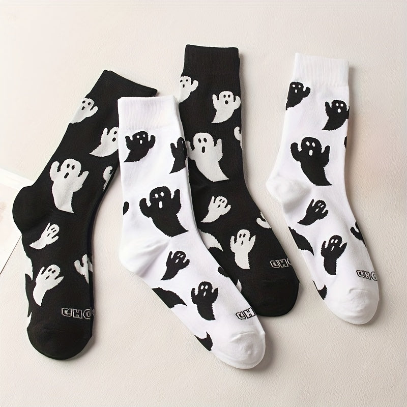 2 Pairs Cartoon Ghost Socks & Funny Halloween Crew Socks Women's Stockings