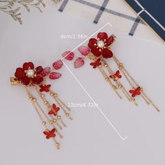 Red Floral Hair Clips Crystal Tassel Hairpin Festive Accessories