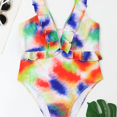  Tie Dye Print One Piece Swimsuit Ruffle Trim High Stretch Bathing Suit