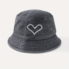Heart Print Couple Bucket Hat Distressed Cotton Fisherman Cap
