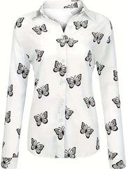  Butterfly Print Button Up Long Sleeve Blouse