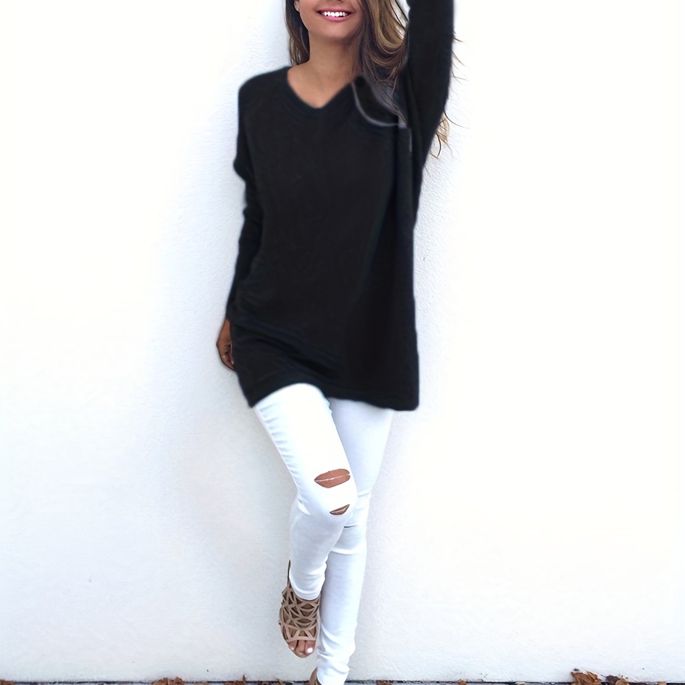  Casual Sweater Women's Plus Solid V-Neck Pullover Jumper