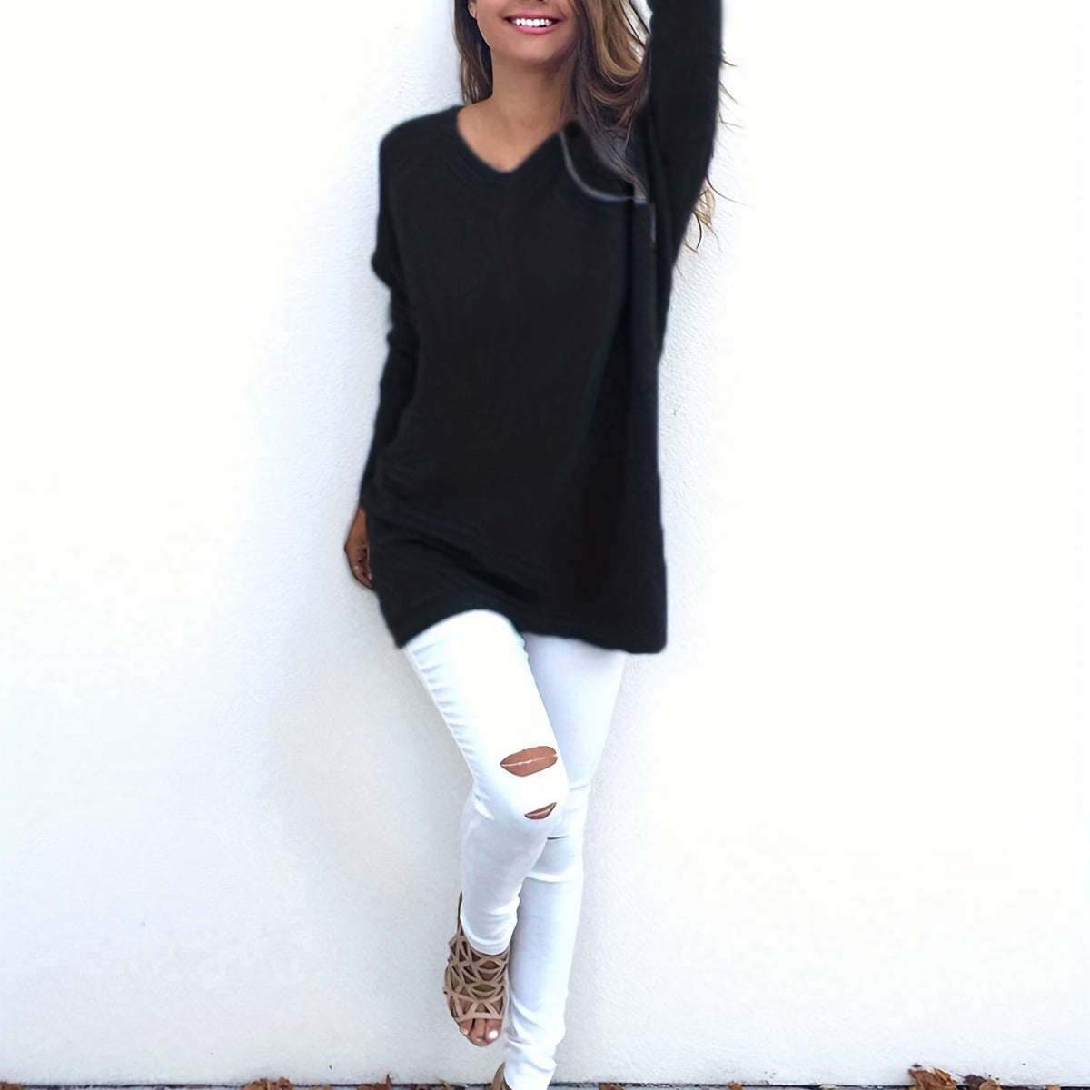 Casual Sweater Women's Plus Solid V-Neck Pullover Jumper