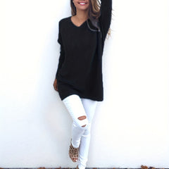  Casual Sweater Women's Plus Solid V-Neck Pullover Jumper