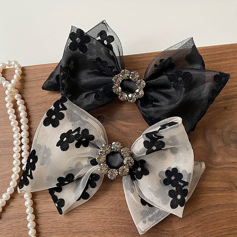 Floral Print Bow Hair Clip Rhinestone Decor Headwear Hair Accessory