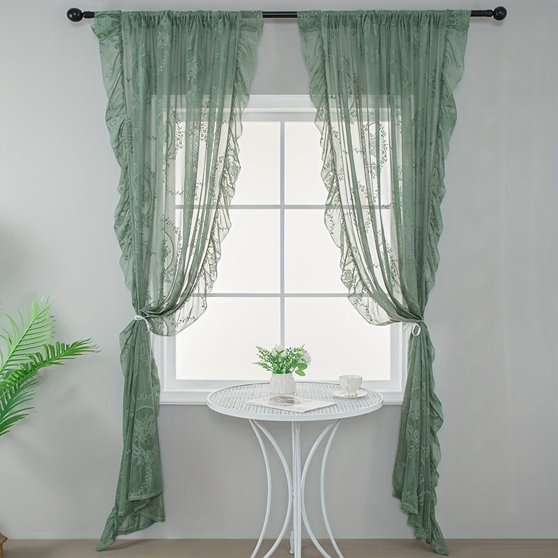 Green Flower Pattern Curtain with Ruffled Edge Rod Pocket