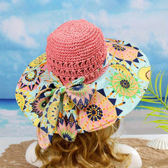 Boho Print Stitching Sun Hat Wide Brim Vintage Crochet Straw Hat
