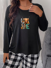  Western Pajama Top Women's Plus Sunflower Bull & Letter Print