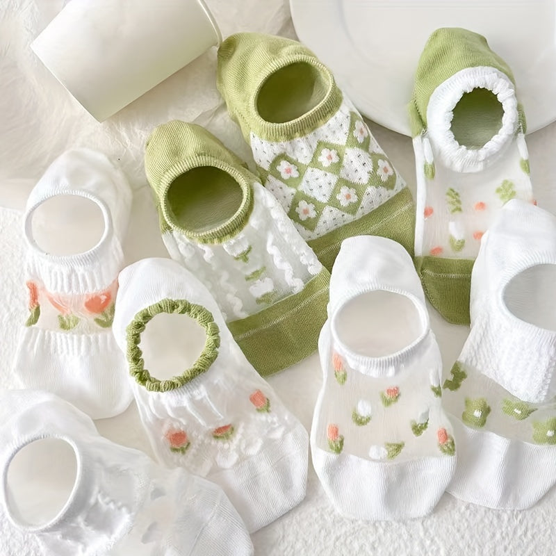 8 Pairs Floral Print & Mesh Ankle Socks Women's Stockings