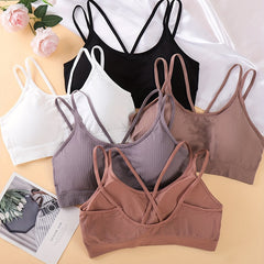 5pcs Solid Ribbed Wireless Bras Double Straps Women's Lingerie