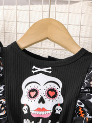 Toddler Girls Skeleton Print 2 In 1 Long Sleeve Top And Overalls Set
