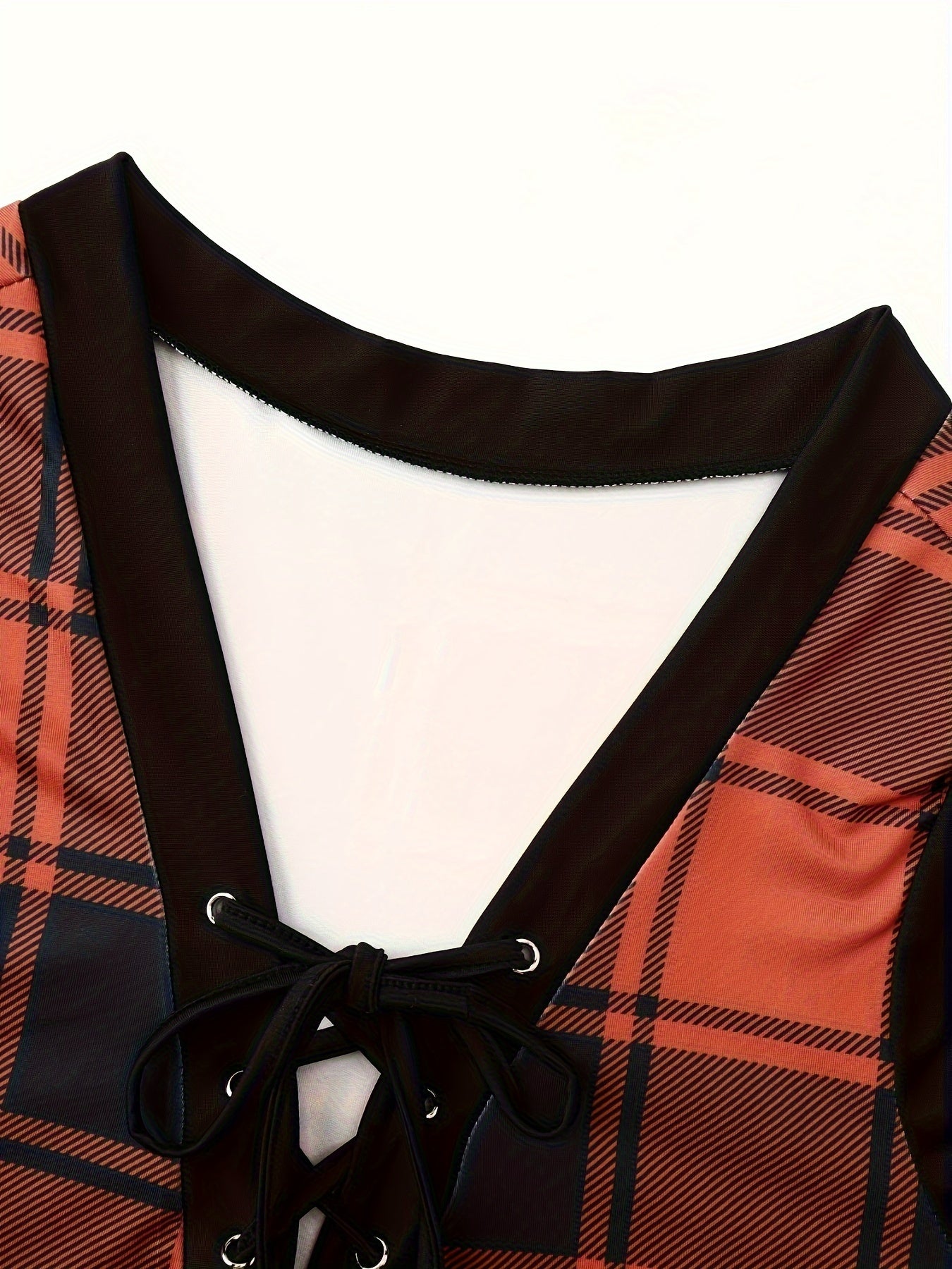  Plaid Print Raglan Sleeve Lace Up V Neck Top