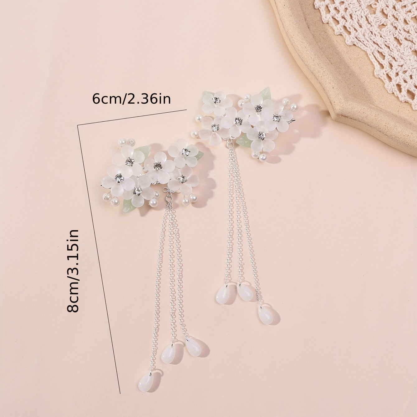 Crystal Flower Hair Clip Chain Tassel Rhinestone Faux Pearl Hair Clip