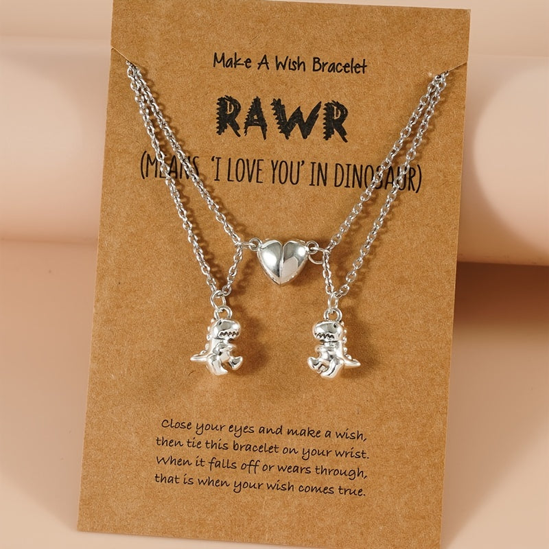 Couple Magnet Heart Dinosaur Pendant Necklaces for Friendship