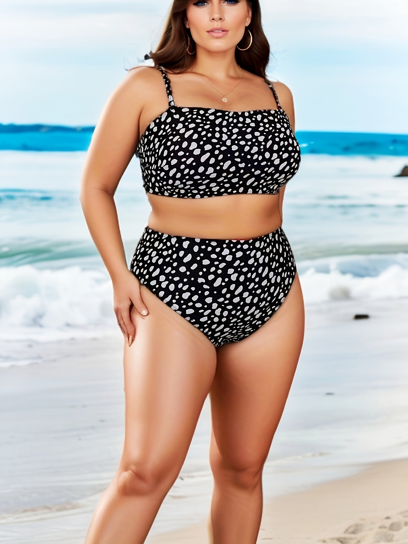 Polka Dot Plus Size Bikini Set - Square Neck Bra & Panty Swimsuit