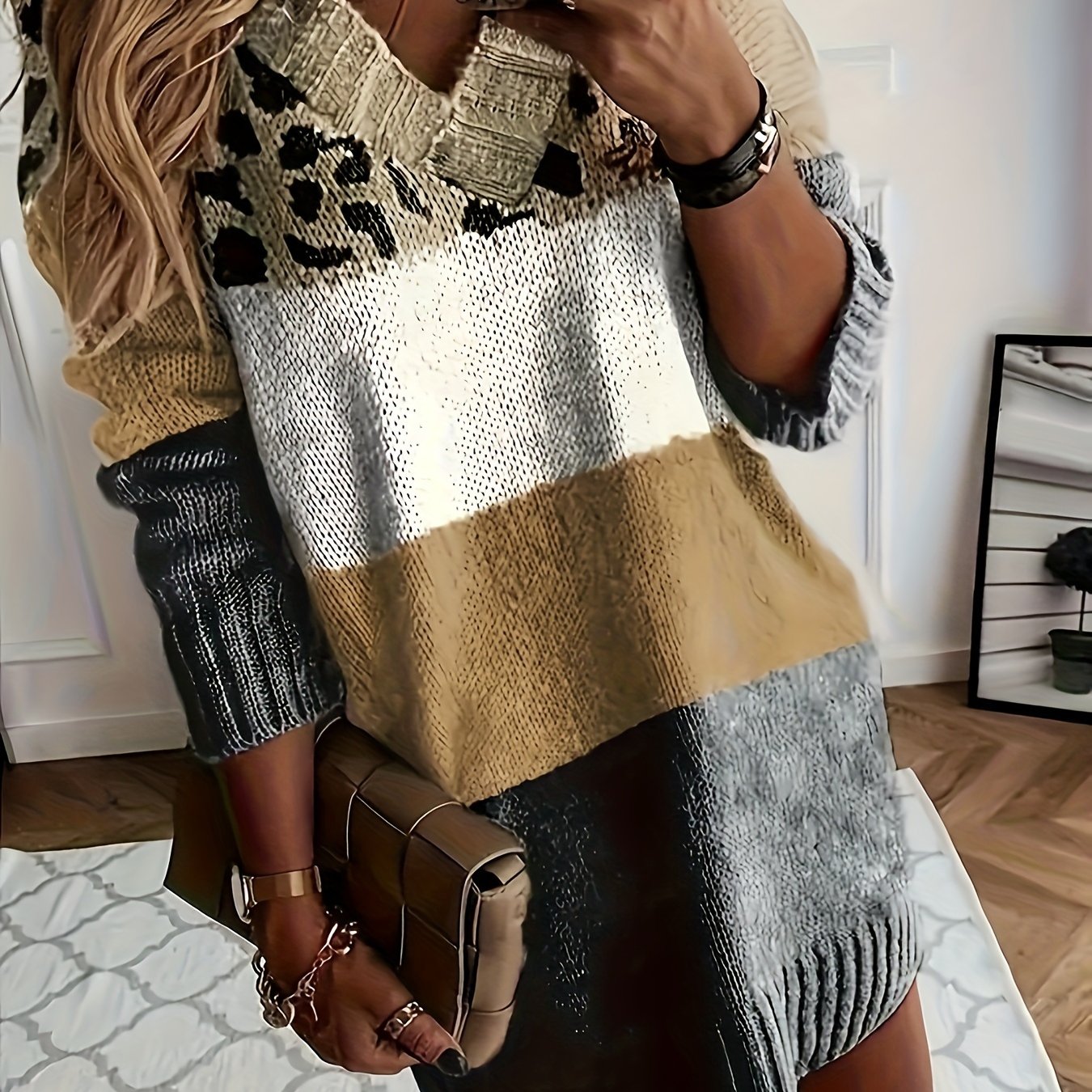  Colorblock Leopard Print V Neck Sweater