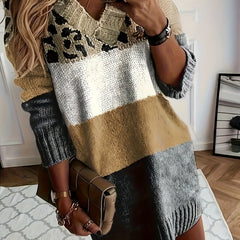  Colorblock Leopard Print V Neck Sweater