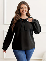 Solid Tie Front Lantern Sleeve Blouse