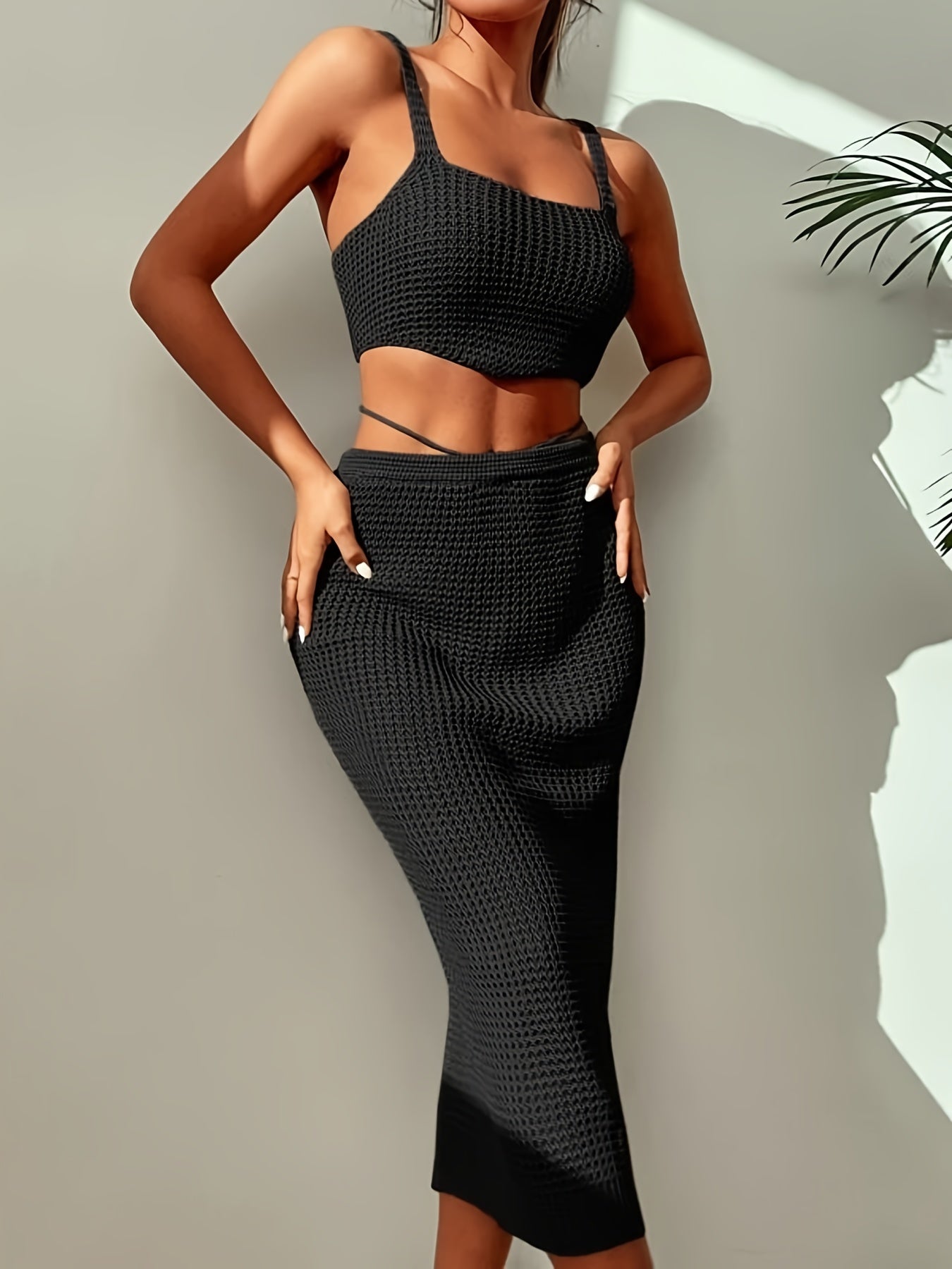 Knitted Two piece Set Spaghetti Crop Top & High Waist Split Skirts